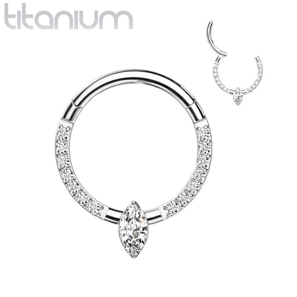 Implant Grade Titanium Pave White CZ Marquise Gem Hinged Clicker Hoop - Pierced Universe