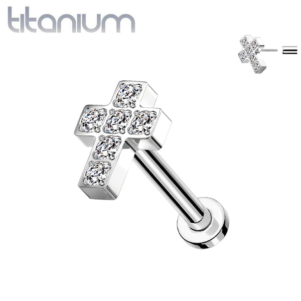 Implant Grade Titanium Threadless Push In Labret White Studded CZ Cross - Pierced Universe