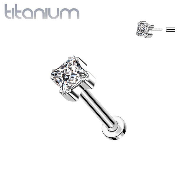 Implant Grade Titanium White CZ Square Gem Top Threadless Push In Labret - Pierced Universe