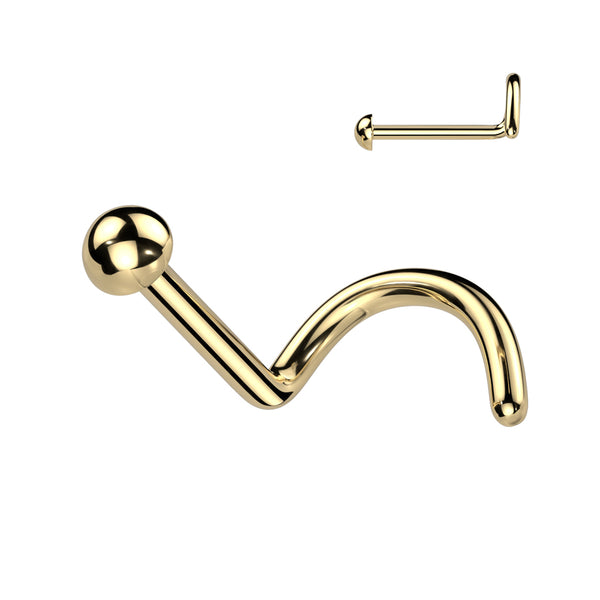 Implant Grade Titanium Gold PVD Dome Top Corkscrew Nose Stud Ring - Pierced Universe