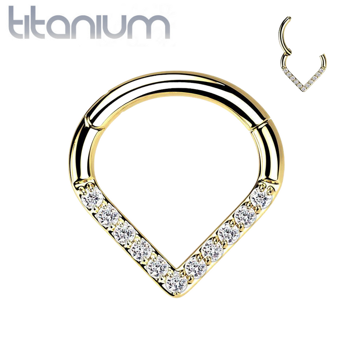 Implant Grade Titanium Gold PVD V Shaped Septum Ring Clicker Hoop White CZ Gems - Pierced Universe