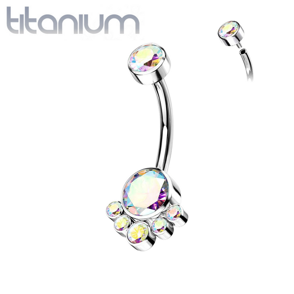 Implant Grade Titanium Internally Threaded Aurora Borealis CZ Bezel Cluster Belly Ring - Pierced Universe