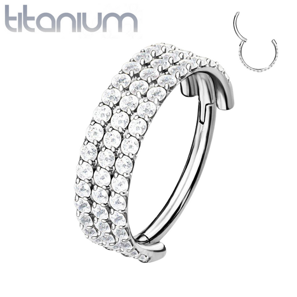 Implant Grade Titanium Triple Row White CZ Pave Hinged Clicker Hoop - Pierced Universe