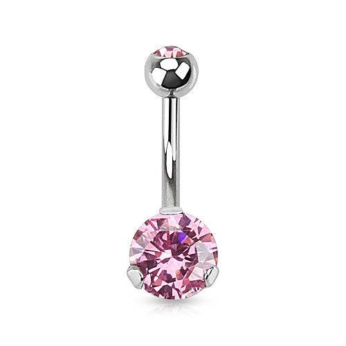 Classic Pink CZ 8mm Gem Surgical Steel Belly Button Navel Ring - Pierced Universe