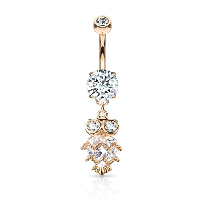 Cute Small CZ Dangle Owl Rose Gold PVD Surgical Steel Belly Ring - Pierced Universe