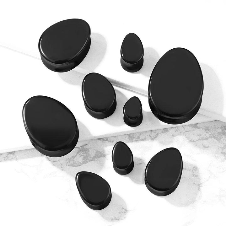 Double Flared Saddle Tear Drop Black Agate Stone Plugs - Pierced Universe