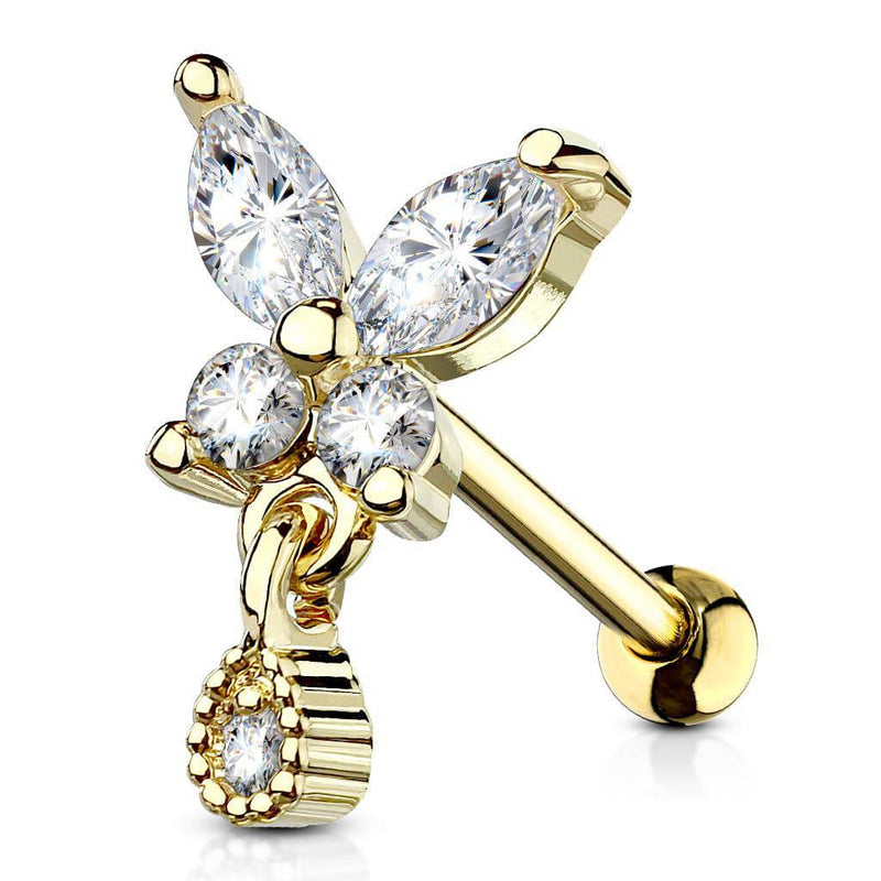 Gold Plated Surgical Steel White CZ Butterfly w. Teardrop Dangle Helix Barbell - Pierced Universe