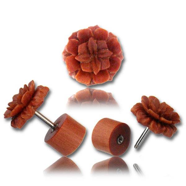 Hand Carved Sawo Wood Flower Fake Plug - Pierced Universe