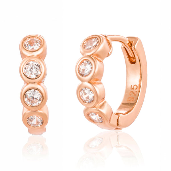 Pair of 925 Sterling Silver Rose Gold PVD Minimal 4-CZ Gem Hinged Huggy Hoop Earrings - Pierced Universe