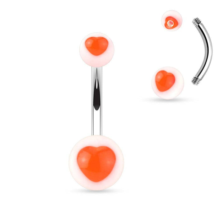 Surgical Steel Belly Ring Bar with Acrylic UV Heart Balls - Pierced Universe