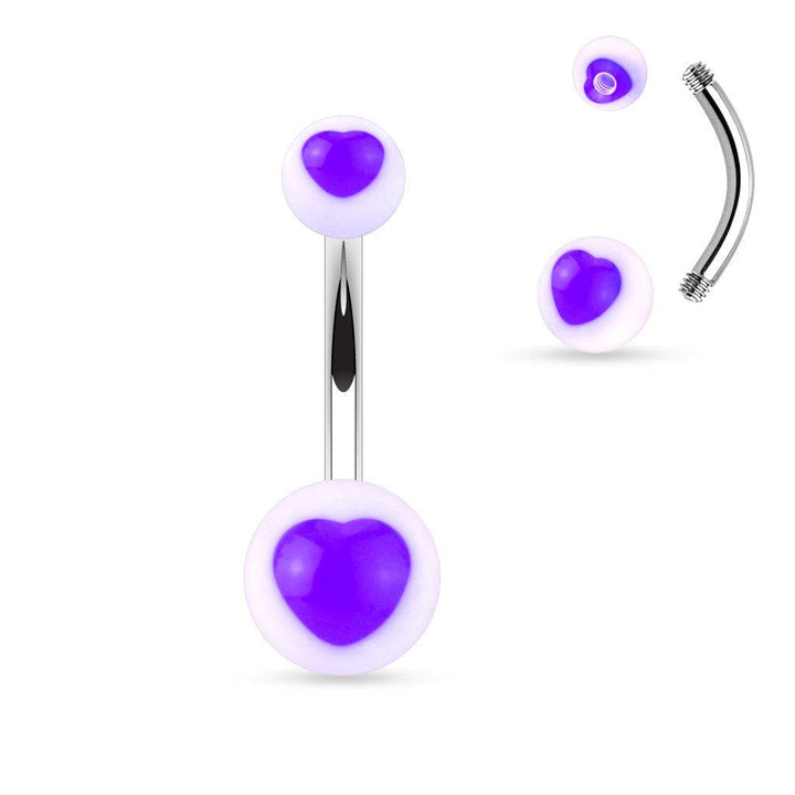 Surgical Steel Belly Ring Bar with Acrylic UV Heart Balls - Pierced Universe