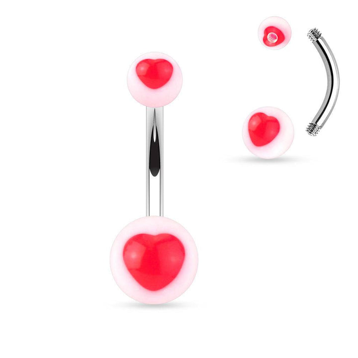 Surgical Steel Belly Ring Bar with Acrylic UV Heart Balls - Pierced Universe