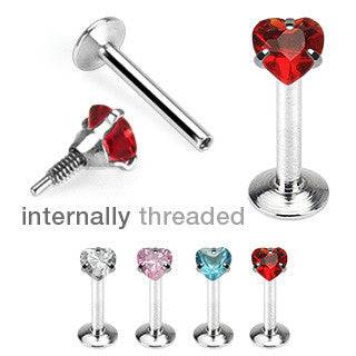 Surgical Steel Flat Back Heart Prong Gem Internally Threaded Labret Monroe Cartilage Stud - Pierced Universe