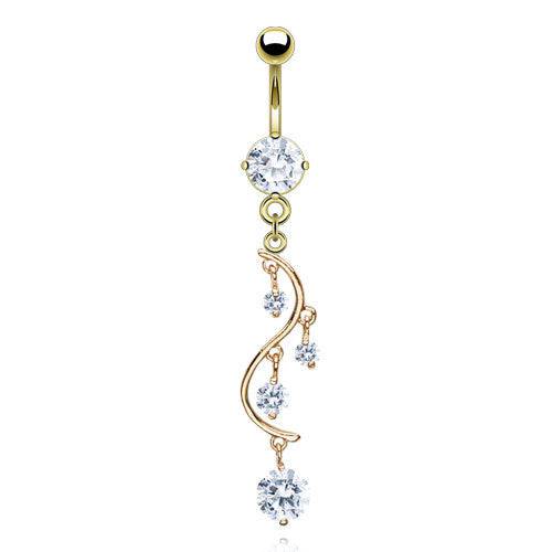 Surgical Steel Gold Plated Vine CZ Dangling Belly Ring - Pierced Universe