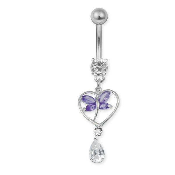 Surgical Steel White CZ Gem Crystal Butterfly Heart Dangle Belly Button Navel Ring - Pierced Universe